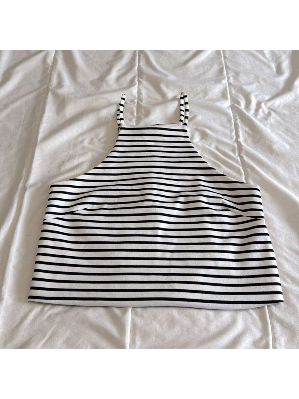 Olivaceous Striped Black and White Cropped Split Back Halter Tank Size Medium